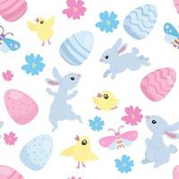 Happy Easter seamless pattern, cute blue bunnies and pastel Easter eggs and yellow chickens, bugs vector