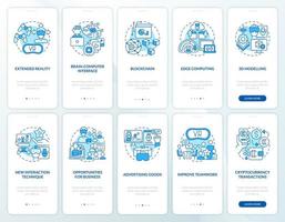 Metaverse for business blue onboarding mobile app screens set. Walkthrough 5 steps editable graphic instructions with linear concepts. UI, UX, GUI template vector