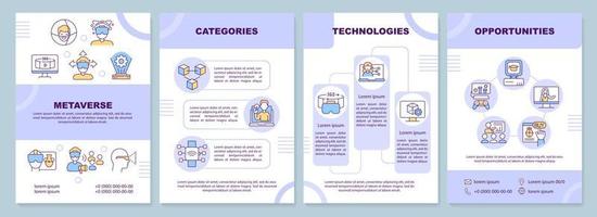 Metaverse purple brochure template. Virtual reality. Leaflet design with linear icons. Editable 4 vector layouts for presentation, annual reports