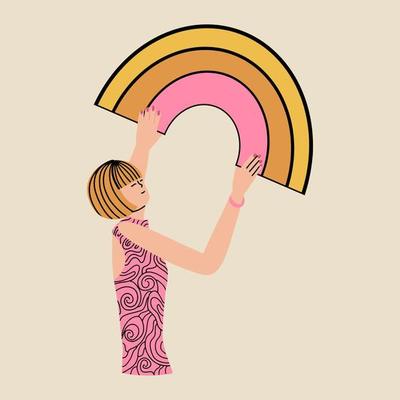 Retro illustration with a young woman and a rainbow in the style of the 60s, 70s. Vector illustration in hand drawn style