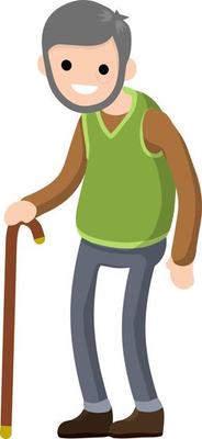 Funny old man with cane. Senior and Active Lifestyle, recreation grandfather. Cartoon flat illustration.