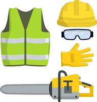 Set of clothes Builder and worker. Green vest, helmet, glasses, gloves. Cartoon flat illustration. Chainsaw of lumberjack. Repair and maintenance. Safety and tools for cutting trees vector