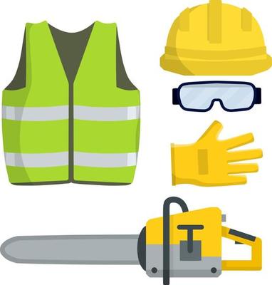 Set of clothes Builder and worker. Green vest, helmet, glasses, gloves. Cartoon flat illustration. Chainsaw of lumberjack. Repair and maintenance. Safety and tools for cutting trees