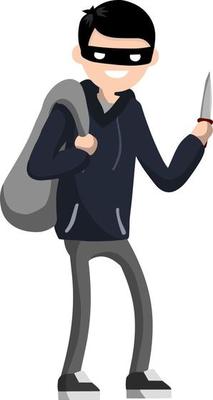 Man with knife extorting money. Problem of urban security. Thief at work. Extortion and robbery. Hand holding sack with cash