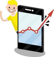 Young man and a huge phone with business growth graph. Blogger and statistics of subscribers and views. Guy and online business. Red arrow breaks the border and frames. Cartoon flat illustration vector