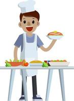 Flat Man cook holding plate of food. Chef and waiter at work vector