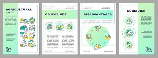 Agricultural policy green gradient brochure template. Framing support Leaflet design with linear icons. 4 vector layouts for presentation, annual reports