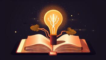 book and lightbulb icon glowing together, symbolizing the enlightening and transformative effects of education. photo