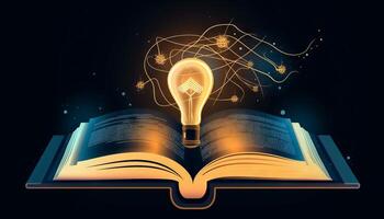 book and lightbulb icon glowing together, symbolizing the enlightening and transformative effects of education. photo