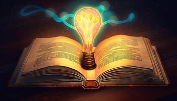 book and lightbulb icon glowing together, symbolizing the enlightening and transformative effects of education. photo