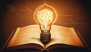 book and lightbulb icon glowing together, symbolizing the enlightening and transformative effects of education. photo