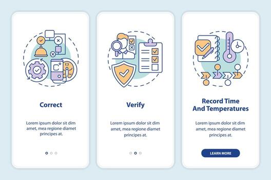 HACCP in work onboarding mobile app screen. Food control walkthrough 3 steps editable graphic instructions with linear concepts. UI, UX, GUI template vector