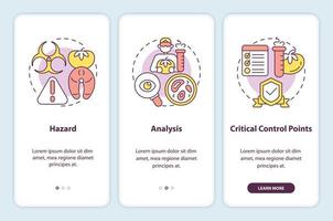 HACCP elements onboarding mobile app screen. Food safety walkthrough 3 steps editable graphic instructions with linear concepts. UI, UX, GUI template vector