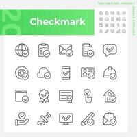 Checkmark pixel perfect linear icons set. Information validation signs. Vote and choise. Marks for correct data. Customizable thin line symbols. Isolated vector outline illustrations. Editable stroke