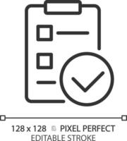 Lista de Verificación con marcas de verificación píxel Perfecto lineal icono. calificación tarea terminación. trabajo controlador documento. Delgado línea ilustración. contorno símbolo. vector contorno dibujo. editable carrera