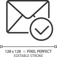 Envelope with checkmark pixel perfect linear icon. Message delivered. Email notification sign. Communication technology. Thin line illustration. Contour symbol. Vector outline drawing. Editable stroke