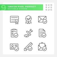 Checkmarks in business and education pixel perfect linear icons set. Approved data signs. Correct information. Customizable thin line symbols. Isolated vector outline illustrations. Editable stroke