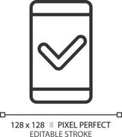 Mobile phone with check mark pixel perfect linear icon. Safe communication via smartphone. Personal device quality. Thin line illustration. Contour symbol. Vector outline drawing. Editable stroke