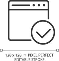 Web page with tick pixel perfect linear icon. Website window with checkmark. Trustful sources on internet. Thin line illustration. Contour symbol. Vector outline drawing. Editable stroke