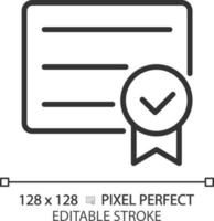 Diploma with check mark pixel perfect linear icon. College graduation document. Certificate of course completion. Thin line illustration. Contour symbol. Vector outline drawing. Editable stroke