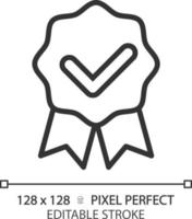 Award badge with check mark pixel perfect linear icon. Medal with ribbons and tick. Prize for winner. Thin line illustration. Contour symbol. Vector outline drawing. Editable stroke