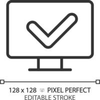 Computer with check mark pixel perfect linear icon. Correct work of PC. Install anti malware software. Thin line illustration. Contour symbol. Vector outline drawing. Editable stroke