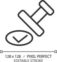 Approval stamp pixel perfect linear icon. Checkmark on official document. Notary service. Proved information. Thin line illustration. Contour symbol. Vector outline drawing. Editable stroke