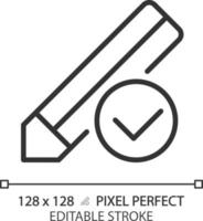 Pencil with check mark pixel perfect linear icon. Voting process. Writing approved information. Correct notes. Thin line illustration. Contour symbol. Vector outline drawing. Editable stroke