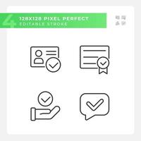 Checkmarks in paper approvement pixel perfect linear icons set. Tick marks in business communication. Customizable thin line symbols. Isolated vector outline illustrations. Editable stroke