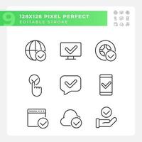 Checkmarks in communication pixel perfect linear icons set. Approval marks in digital industry. Right data. Customizable thin line symbols. Isolated vector outline illustrations. Editable stroke