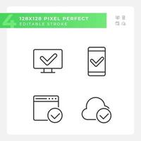 Checkmarks in digital technologies pixel perfect linear icons set. Approved access to personal devices. Customizable thin line symbols. Isolated vector outline illustrations. Editable stroke