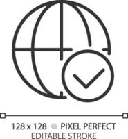 Globe with check mark pixel perfect linear icon. Safe international communication. Worldwide permissions. Thin line illustration. Contour symbol. Vector outline drawing. Editable stroke