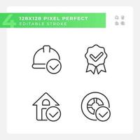 Achievements in industries pixel perfect linear icons set. Correct construction and transportation. Check marks. Customizable thin line symbols. Isolated vector outline illustrations. Editable stroke