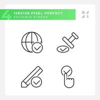 Checkmarks for data approvement pixel perfect linear icons set. International communication work. Customizable thin line symbols. Isolated vector outline illustrations. Editable stroke