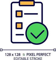 Lista de Verificación con marcas de verificación píxel Perfecto rgb color icono. calificación tarea terminación. trabajo controlador documento. aislado vector ilustración. sencillo lleno línea dibujo. editable carrera