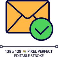 Envelope with checkmark pixel perfect RGB color icon. Message delivered. Email notification sign. Communication technology. Isolated vector illustration. Simple filled line drawing. Editable stroke