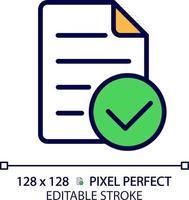 Document with check mark pixel perfect RGB color icon. Approved business papers. Corporate information control. Isolated vector illustration. Simple filled line drawing. Editable stroke