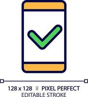 Mobile phone with check mark pixel perfect RGB color icon. Safe communication via smartphone. Personal device quality. Isolated vector illustration. Simple filled line drawing. Editable stroke