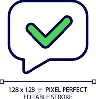 Speech bubble with tick pixel perfect RGB color icon. Share approved information. Correct communication. Message in chat. Isolated vector illustration. Simple filled line drawing. Editable stroke