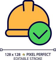 Hard hat with check mark pixel perfect RGB color icon. Safety equipment for construction site. Labourer protective helmet. Isolated vector illustration. Simple filled line drawing. Editable stroke