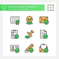 Checkmarks in business and education pixel perfect RGB color icons set. Approved data signs. Correct information. Isolated vector illustrations. Simple filled line drawings collection. Editable stroke