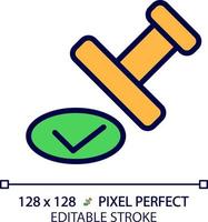 Approval stamp pixel perfect RGB color icon. Checkmark on official document. Notary service. Proved information. Isolated vector illustration. Simple filled line drawing. Editable stroke