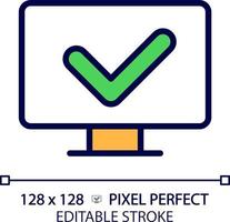 Computer with check mark pixel perfect RGB color icon. Safe access to work station. Install anti malware software. Isolated vector illustration. Simple filled line drawing. Editable stroke