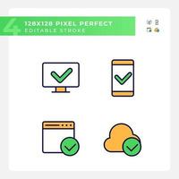 Checkmarks in digital technologies pixel perfect RGB color icons set. Approved access to personal devices. Isolated vector illustrations. Simple filled line drawings collection. Editable stroke