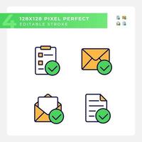 Documents with checkmarks pixel perfect RGB color icons set. Approvement of business papers. Correct information. Isolated vector illustrations. Simple filled line drawings collection. Editable stroke