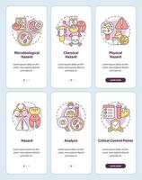 Food safety hazards and HACCP onboarding mobile app screens set. Walkthrough 3 steps editable graphic instructions with linear concepts. UI, UX, GUI template vector