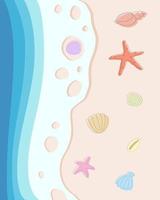 Postcard, background of beach scene with starfish and seashells in ocean waves. vector