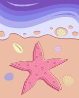 Postcard, background of beach scene with starfish and seashells in ocean waves. vector