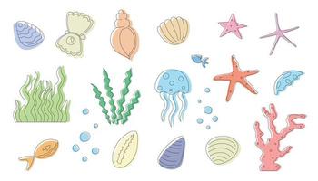 Set of vector drawings with underwater elements, seashells, seaweed, corals and fish.