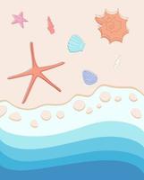 Postcard, background of beach scene with starfish and seashells in ocean waves. vector